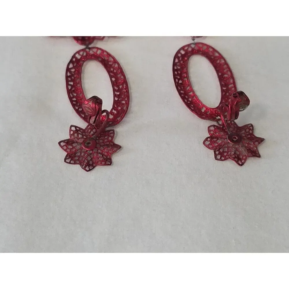 Vintage Long Dangle Statement Earrings Red Lace Like Filigree ClipOn Delicate 4